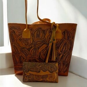 Handcrafted Tooled Leather Tote Bag and Wallet NW
